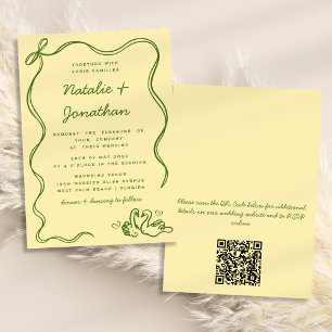 Whimsical Doodle Swans Bow Yellow QR Code Hochzeit Einladung