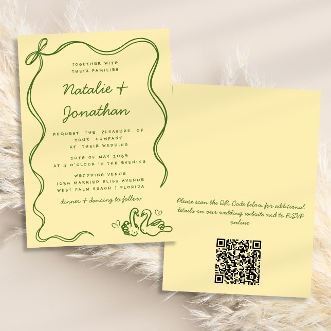 Whimsical Doodle Swans Bow Yellow QR Code Hochzeit Einladung (Von Creator hochgeladen)