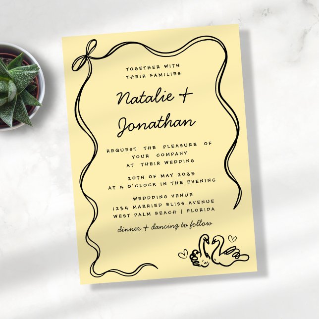 Whimsical Doodle Swans Butter Gelbe Schwarze Hochz Einladung (Von Creator hochgeladen)