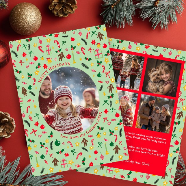 Whimsical Doodle Weihnachten Custom 5 Foto Collage (Whimsical Doodle Christmas Hand-Drawn pattern Custom 5 Photo Collage Holiday Card
)