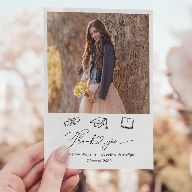 Whimsical Doodle Zwei-Foto-Abschluss Dankeskarte (Von Creator hochgeladen)