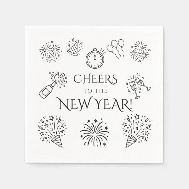 Whimsical Doodles Black Cheers to New Year Party Serviette (Vorderseite)