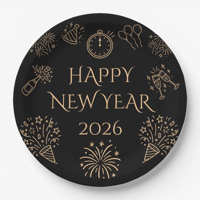 Whimsical Doodles Black Gold Happy New Year 2026 Pappteller (Vorderseite)