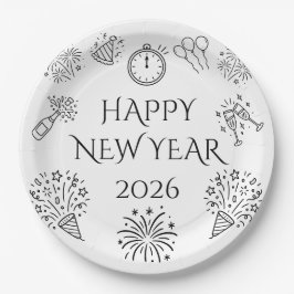 Whimsical Doodles Black Happy New Year 2026 Pappteller