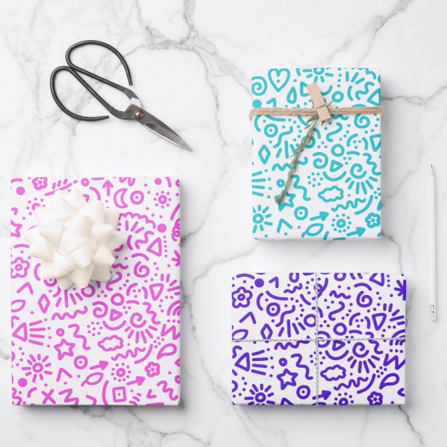 Whimsical Doodles farbiges Wrapping Paper Geschenkpapier Set (Vorderseite)