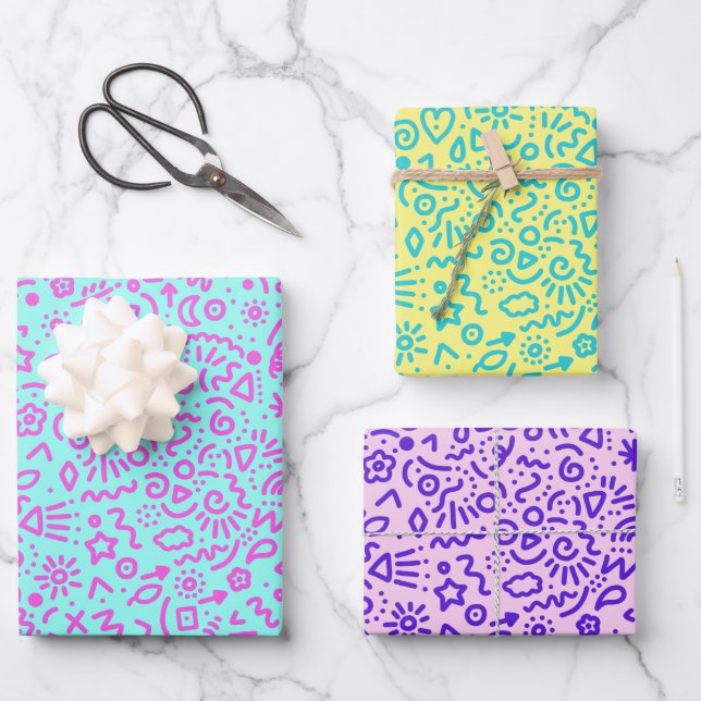 Whimsical Doodles farbiges Wrapping Paper Geschenkpapier Set (Vorderseite)
