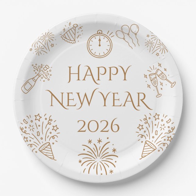 Whimsical Doodles Gold Happy New Year 2026 Pappteller (Vorderseite)