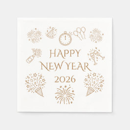Whimsical Doodles Gold Happy New Year 2026 Serviette