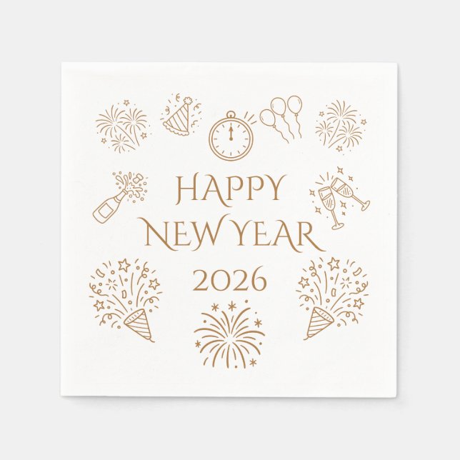 Whimsical Doodles Gold Happy New Year 2026 Serviette (Vorderseite)