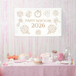 Whimsical Doodles Gold Text Happy New Year 2026 Banner