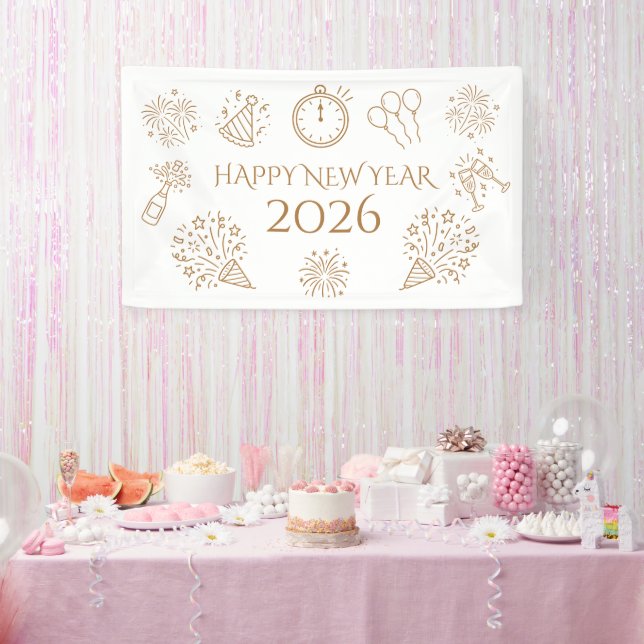 Whimsical Doodles Gold Text Happy New Year 2026 Banner (Party)