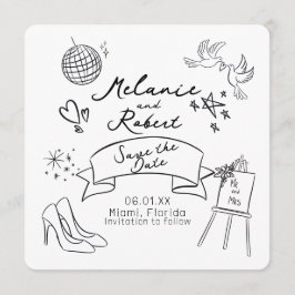 Whimsical Doodles Schwarz Weiß Save the Date Einladung