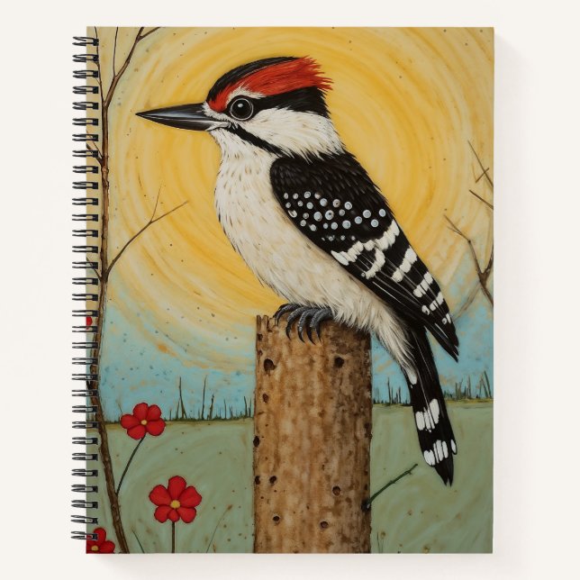 Whimsical Downy Woodpecker Notizbuch (Vorderseite)