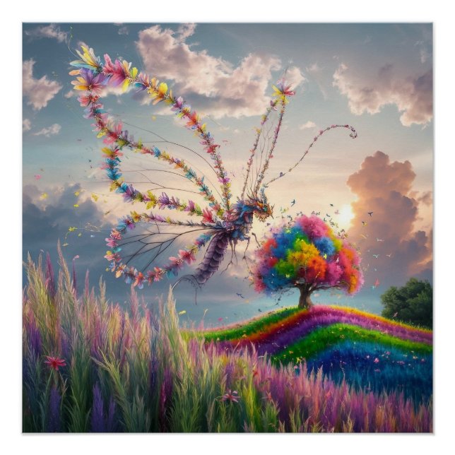 Whimsical Dragon Butterfly in Bloom: kompliziert Poster (Vorderseite)