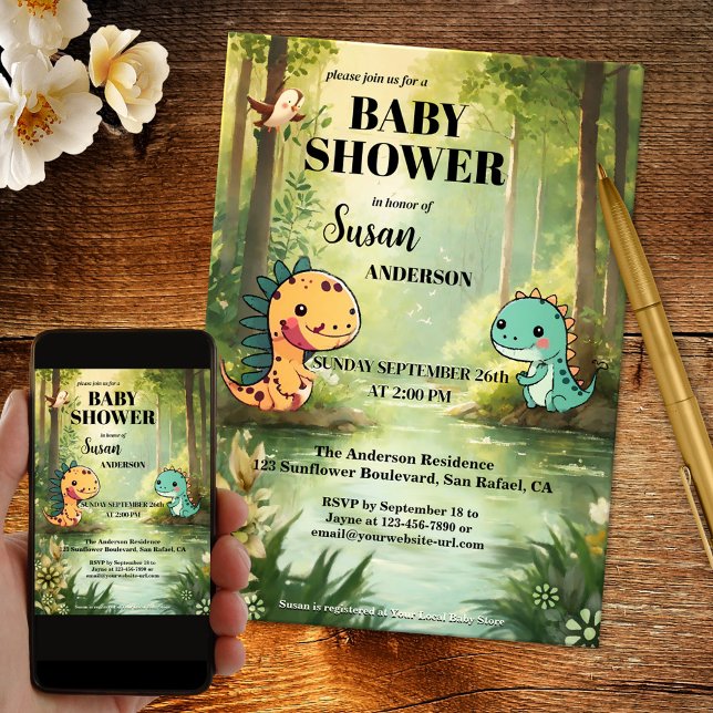 Whimsical Dragon Jungle Baby Dusche Einladung (A cute whimsical baby shower invitation showing a painting of dragons in a jungle at the waterfront)