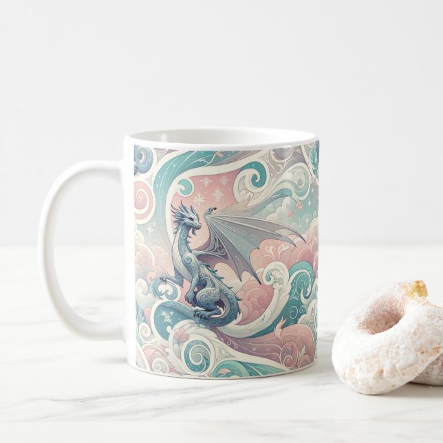 Whimsical Drakes: Pastel Dragon Fantasy Kaffeetasse (Mit Donut)