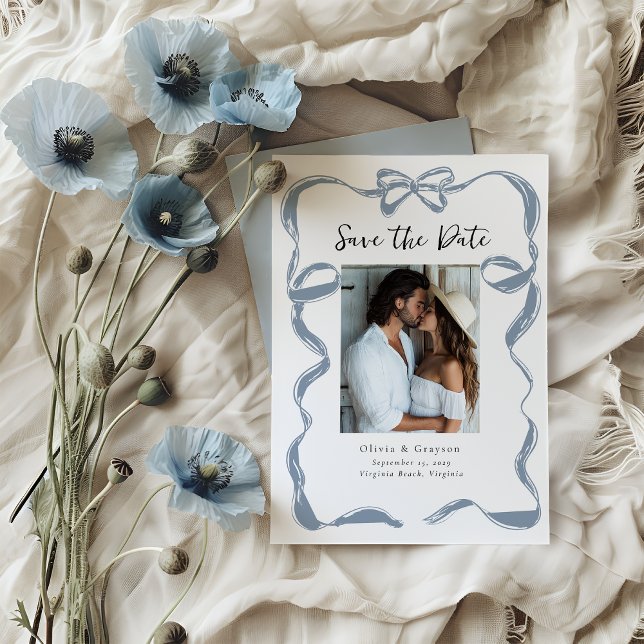 Whimsical Dusty Blue Bogen Save-the-Date  Save The Date (Whimsical Dusty Blue Bow Save the Date )