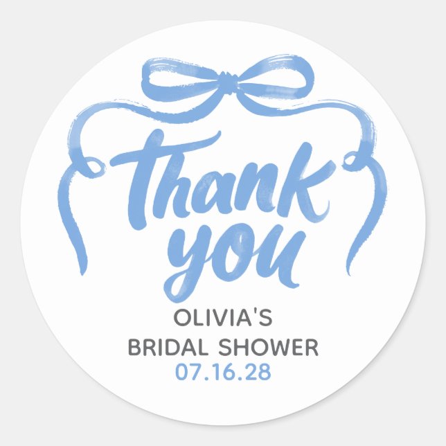 Whimsical Dusty Blue Bow Bridal Shower Thank You  Runder Aufkleber (Vorderseite)