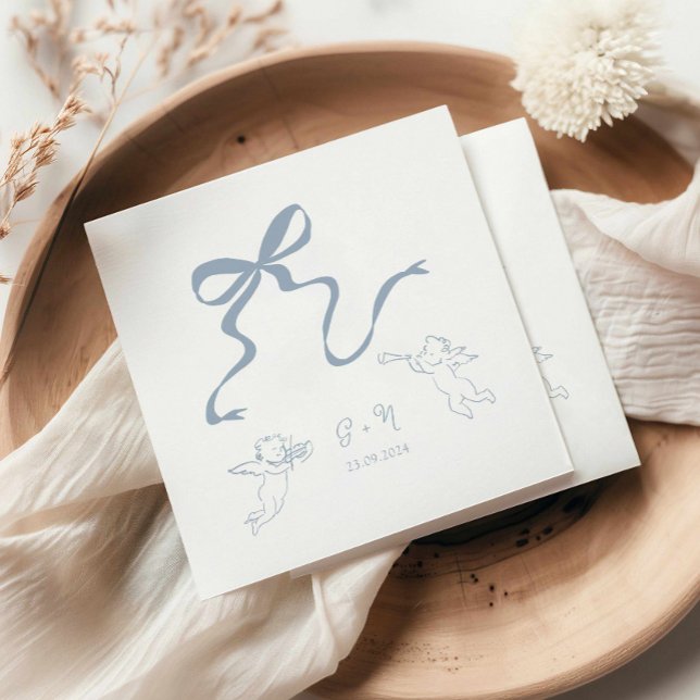 Whimsical Dusty Blue Bow Wedding Napkin Serviette (hand drawn bow dusty blue wedding cocktail napkin, cherub illustration cocktail napkin)