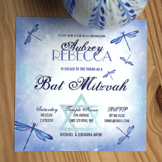 Whimsical Dusty Blue Dragonflies Bat Mitzvah Einladung