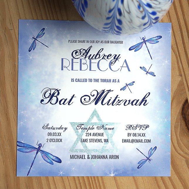 Whimsical Dusty Blue Dragonflies Bat Mitzvah Einladung (Princess blue sparkle and shine design with star of david and dragonflies)