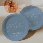 Whimsical Dusty Blue Oh Baby! Babyparty Pappteller<br><div class="desc">Die Teller aus dem Babyduschpapier, perfekt für Ihre gemütliche, moderne Boho Frühlings- oder Winterfeier! Dieser Teller hat ein boho-chic-Ambiente mit eleganter Kalligraphie und einem minimalistisch weiß-blau-weiß-gestylten Design, das es ideal für Jungen macht. Außerdem ist es bearbeitbar, sodass Sie Ihre eigene klassische, skurrile Touch hinzufügen können, um ein wirklich schönes und...</div>