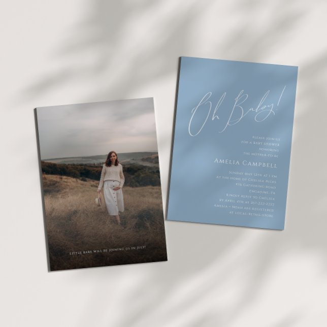 Whimsical Dusty Blue Oh Baby! Foto Babydusche Einladung (Von Creator hochgeladen)