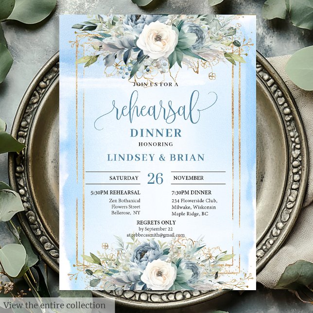 Whimsical Dusty Blue Peony Rehearsal Dinner Card Einladung (Whimsical Dusty Blue Peony Rehearsal Dinner Card)
