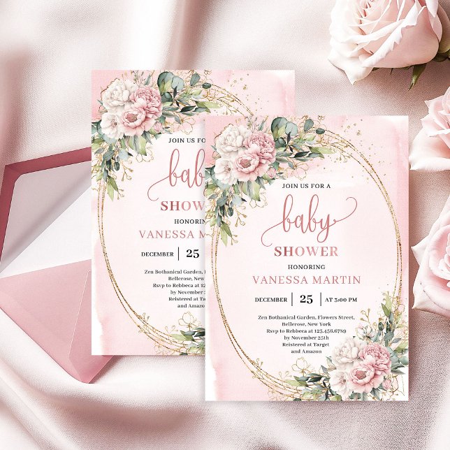 Whimsical Dusty Pink Flowers Eucalyptus Baby Showe Einladung (Whimsical Dusty Pink Flowers Eucalyptus Baby Shower)
