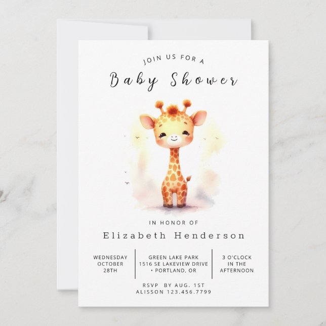 Whimsical Editable Giraffe Baby Dusche Einladung (Vorderseite)