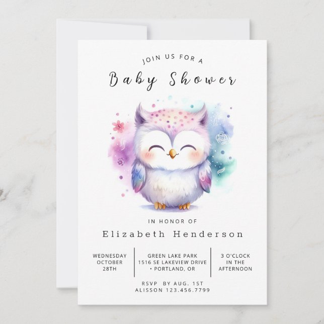 Whimsical Editable Owl Baby Dusche Einladung (Vorderseite)