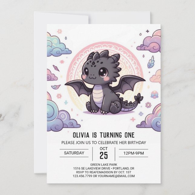 Whimsical Elegant Dragon 1. Geburtstag Einladung (Vorderseite)