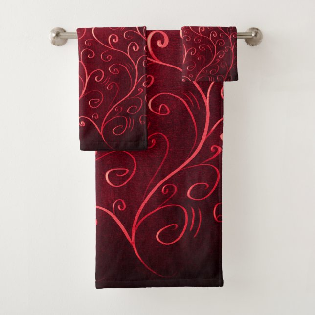 Whimsical Elegant Textured Red Swirl Muster Badhandtuch Set (Insitu)