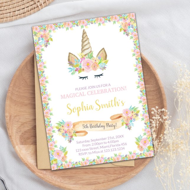 Whimsical & Elegantes Party Einladung (Floral Unicorn Invitations)