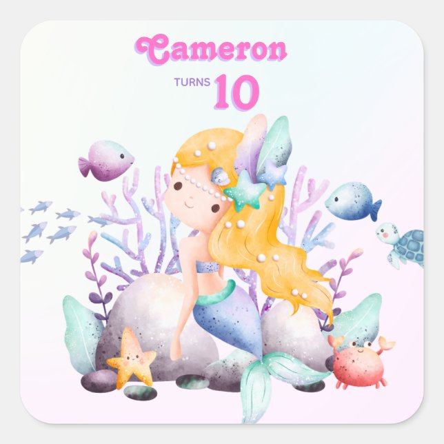 Whimsical Eleganto Under the Sea Blue Meerjungfrau Quadratischer Aufkleber (Vorderseite)