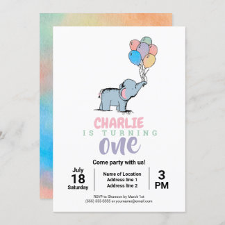 Whimsical Elephant and Balloons Birthday Invites Einladung