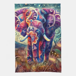 Whimsical Elephant bei Night Blue Lila Stars Moon Geschirrtuch