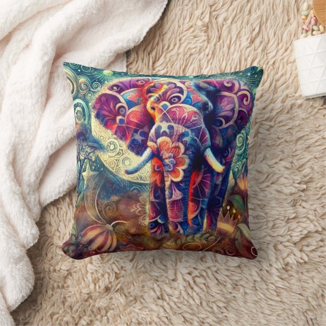 Whimsical Elephant bei Night Blue Lila Stars Moon Kissen (Decke)