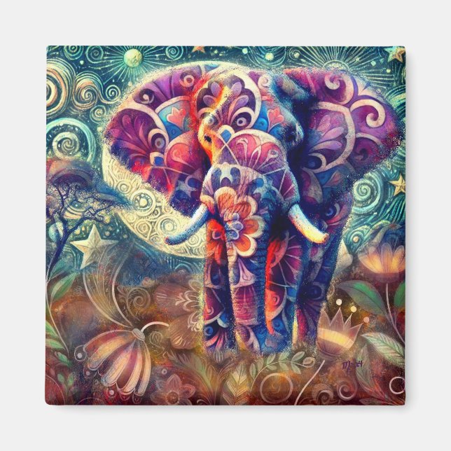 Whimsical Elephant bei Night Blue Lila Stars Moon Magnet (Vorne)