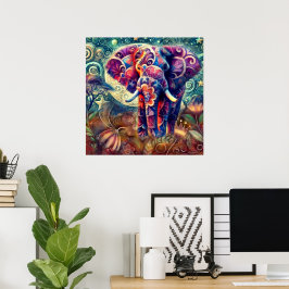 Whimsical Elephant bei Night Blue Lila Stars Moon Poster