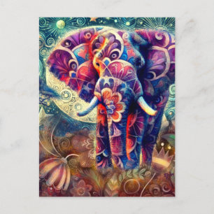 Whimsical Elephant bei Night Blue Lila Stars Moon Postkarte