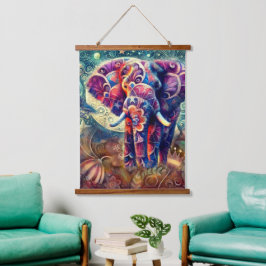 Whimsical Elephant bei Night Blue Lila Stars Moon Wandteppich Mit Holzrahmen