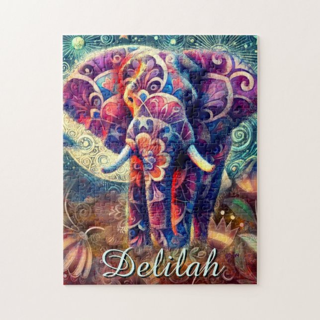 Whimsical Elephant Night Stars Moon Personalisiert Puzzle (Vertikal)