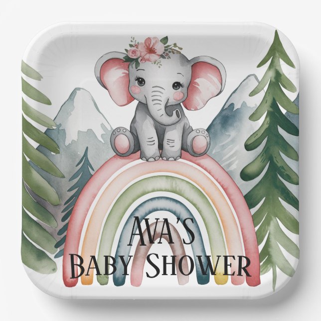 Whimsical Elephant Rainbow Baby Dusche Pappteller (Vorderseite)