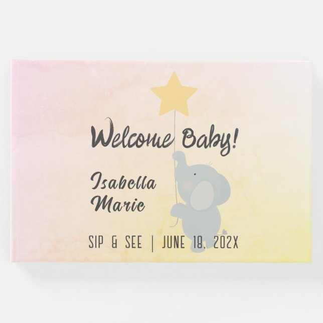 Whimsical Elephant Sip & See Party Gästebuch (Vorderseite)