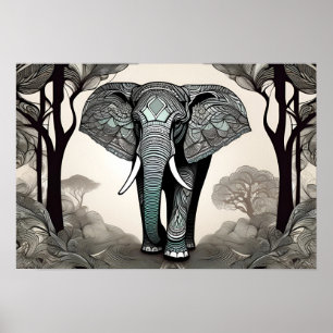 Whimsical Elephant Sketch - Schwarz & Weiß mit ein Poster