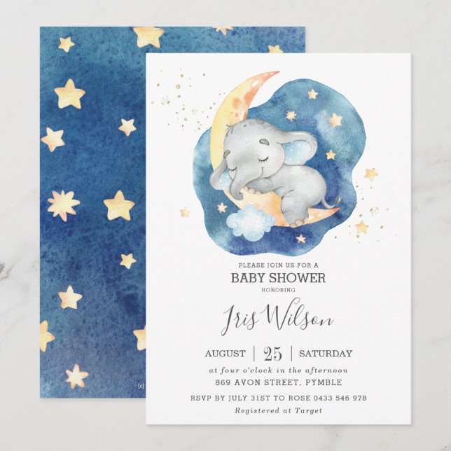 Whimsical Elephant Twinkle Star Baby Shower Boy Einladung (Vorne/Hinten)