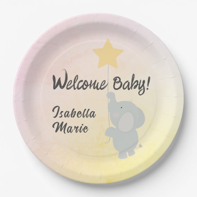 Whimsical Elephant Welcome Baby Pappteller (Vorderseite)