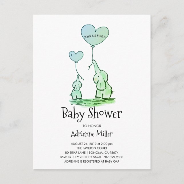 Whimsical Elephants and Balloons Baby Boy Dusche Einladungspostkarte (Vorderseite)