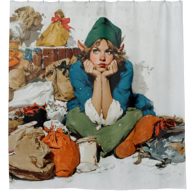Whimsical Elf Among Gift Bags Duschvorhang (Vorderseite)
